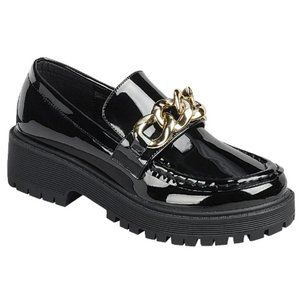 New Black Patent Gold Chain Slip On Platform lug Sole Penny Loafers